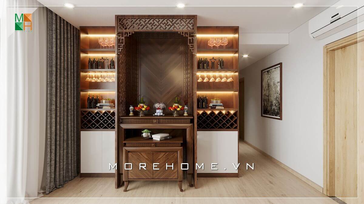 Màu sắc trầm ấm cùng những đường nét trạm trổ của gỗ óc chó giúp tôn lên sự trang nghiêm, tôn kính trong không gian thờ cúng của gia chủ Mẫu nội thất chung cư hiện đại đẹp