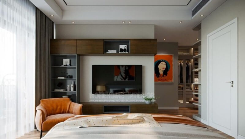 Thiết kế phòng ngủ khéo léo với nhiều hộc tủ hiện đại, sang trọng. Thiết kế chung cư