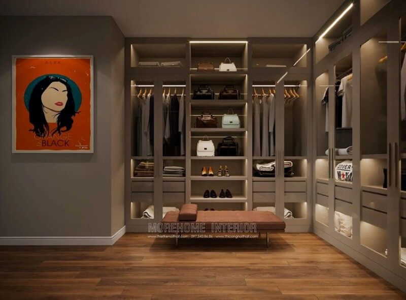 Tủ quần áo hiện đại đẹp, sang trọng với thiết kế mở từ hệ thống cửa kính trong suốt sẽ lựa chọn thông minh cho phòng thay đồ. Thiết kế chung cư