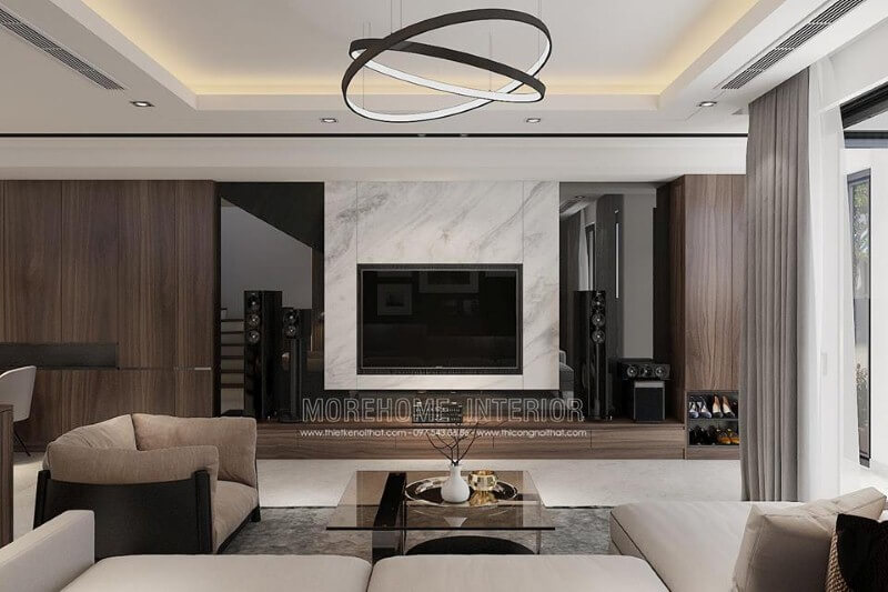 Trang trí phòng khách hiện đại đẹp ấn tượng với đá ốp tường điểm nhấn Thiết kế chung cư