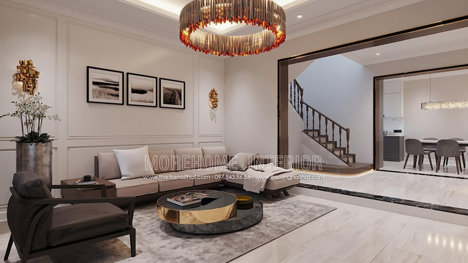 Thiết kế nội thất phòng khách phong cách hiện đại sang trọng với tông màu kem nhẹ nhàng Mẫu thiết kế phòng khách đẹp được lựa chọn nhiều nhất