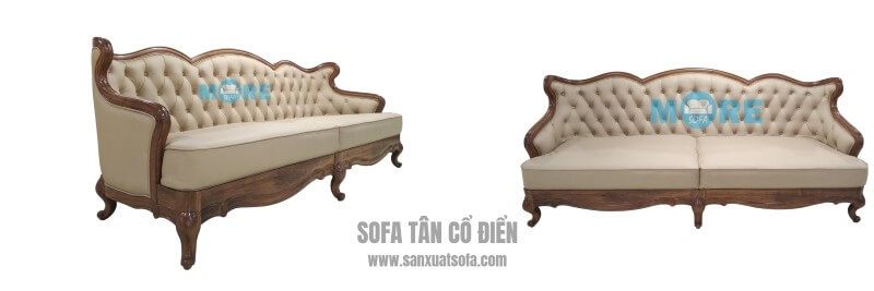 Sản xuất hoàn thiện Sofa văng tân cổ điển MS-006 gỗ tự nhiên Óc chó, bọc da thật nhập khẩu cao cấp cho phòng khách chung cư