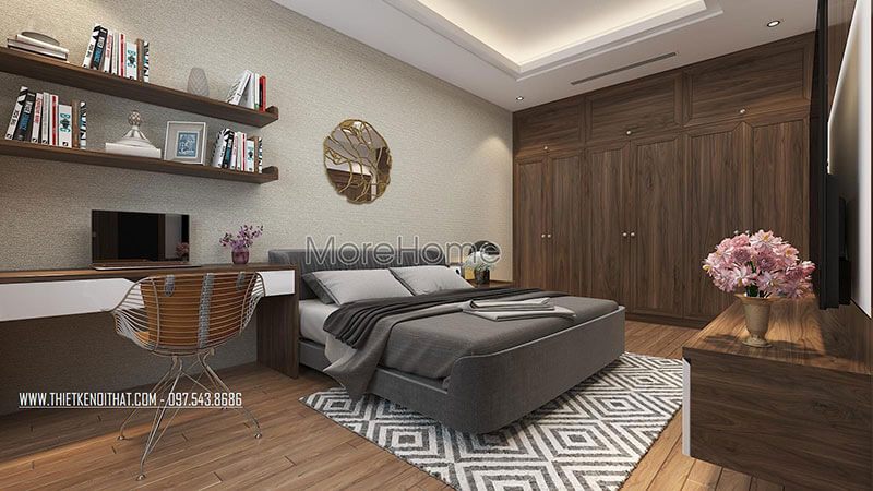 Mẫu tủ quần áo gỗ tự nhiên được thiết kế âm tường giúp tăng điện tích cho căn phòng