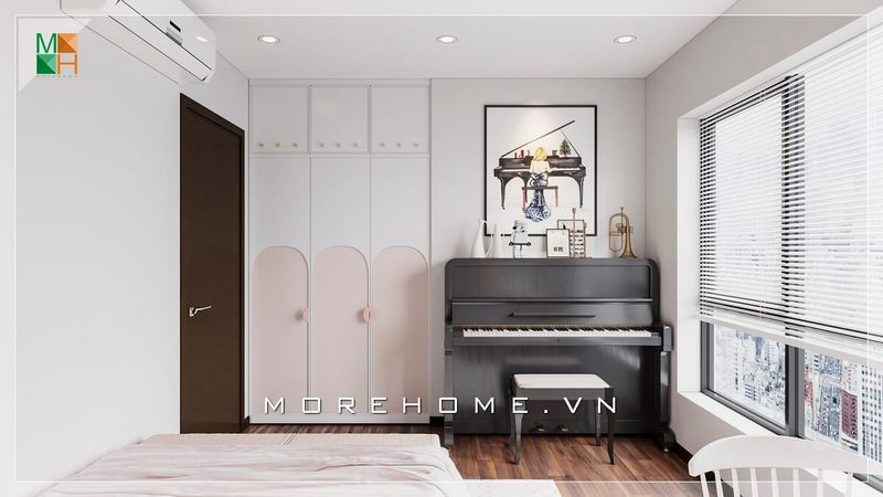 Mẫu tủ quần áo có thiết kế âm tường tinh tế, sáng tạo và thông minh, cùng với tone màu hồng-trắng dễ thương làm chủ đạo.