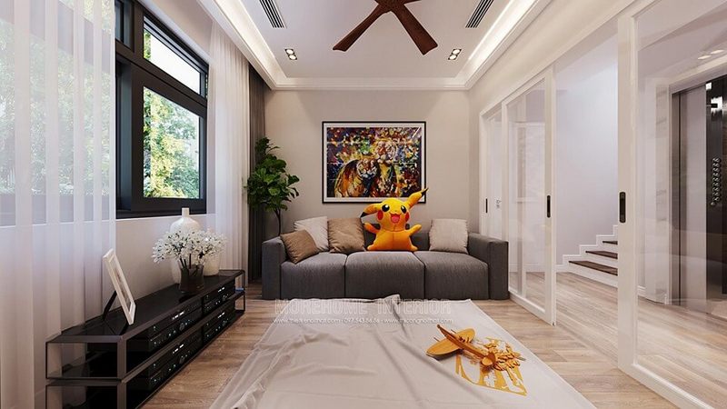 Sofa vải đẹp, hiện đại được thiết kế để phù hợp với khu vực phòng khách của nhà biệt thự hai tầng.